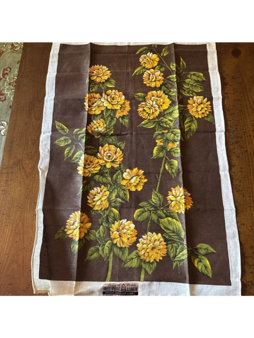 Vintage Belcrest 100% Linen Tea Towels Brown & Yellow 1960’s Set Of Two